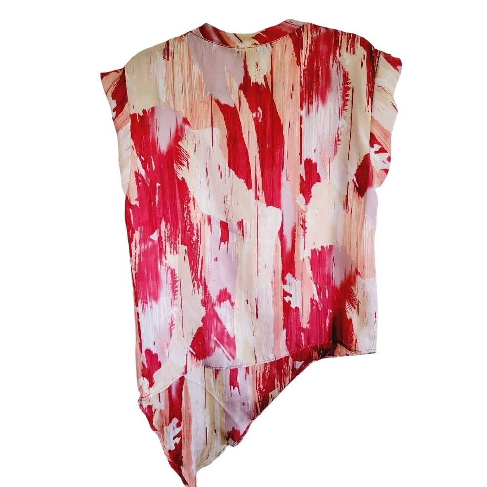 Hale Bob M Abstract Brushstroke Asymmetrical Hem Cap Sleeve Top Red Tan Med - Picture 7 of 11